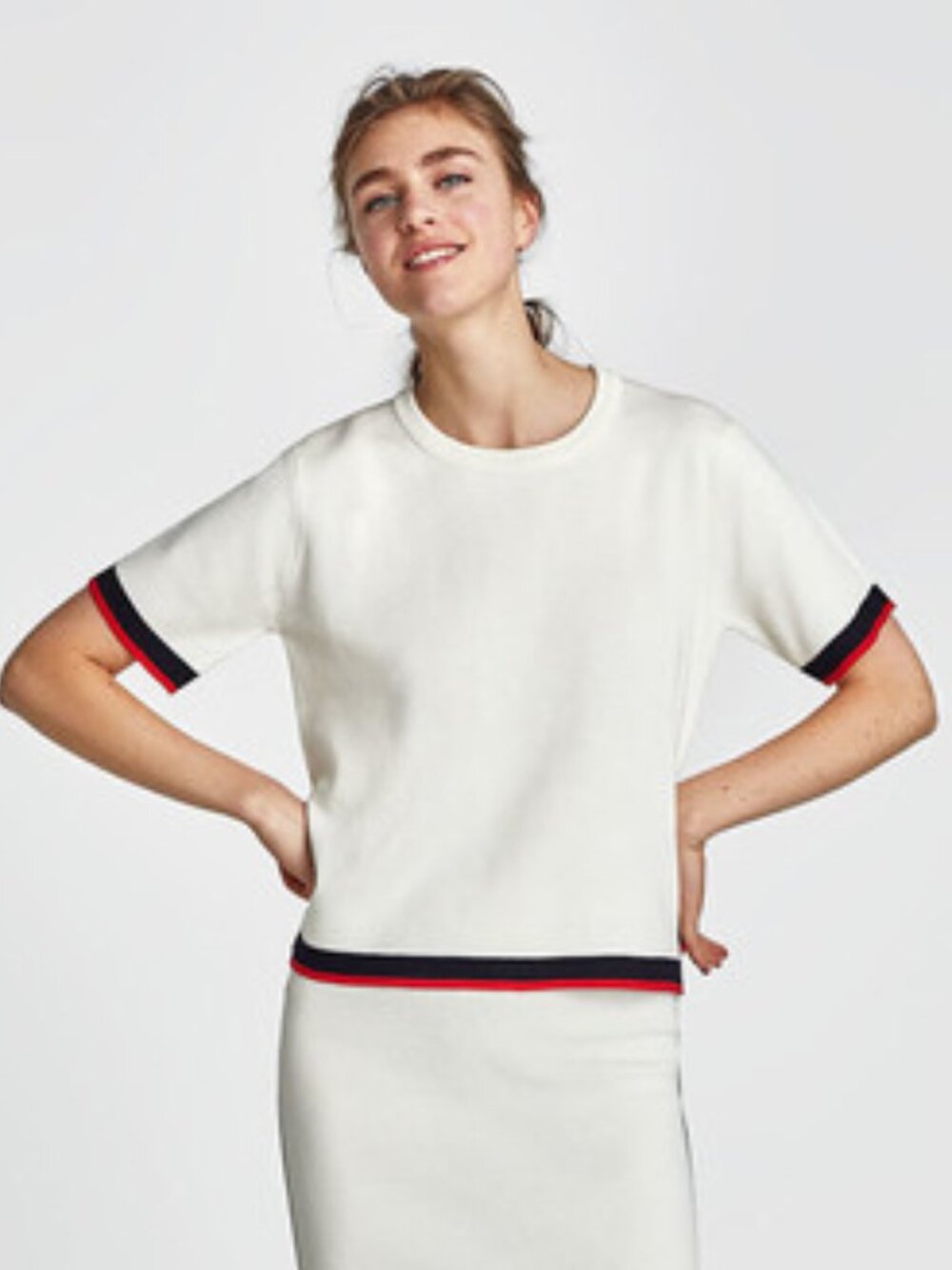 Zara Knit Top with Contrast Trim (Ecru/Navy/Red)